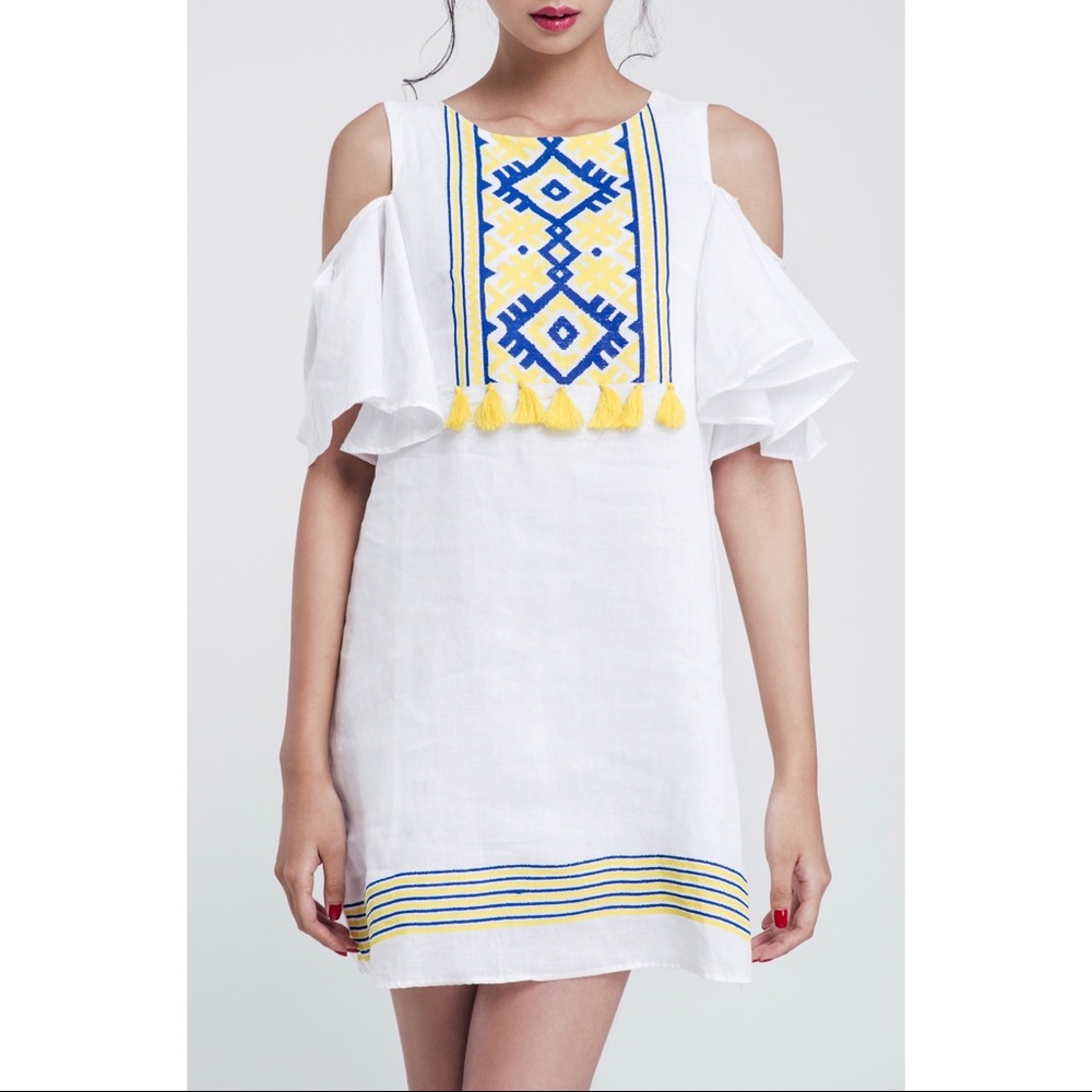 Cold Shoulder Dress Yellow Embroidered & Tassels